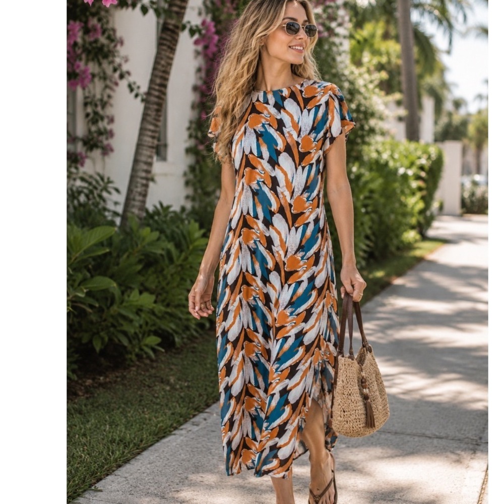 Ember dress med Brushstroke Flutter Sleeve Midi Rust Teal Blue Slit Mesh Overlay - Picture 1 of 7